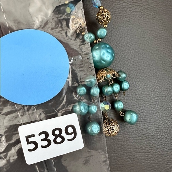 Vintage Necklace AB Crystals Faux Blue Pearls & Gold Beads With Tassel End 5389 - Picture 9 of 11